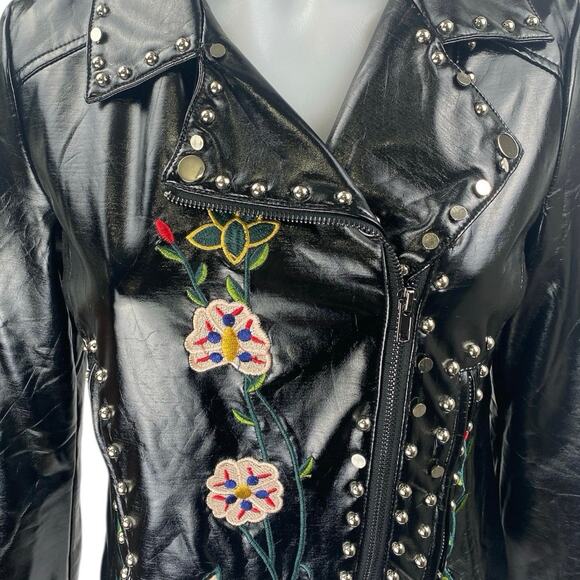Elli White Black Faux Leather Floral Embroidered Studded Moto Biker Jacket Sz S - Picture 6 of 8
